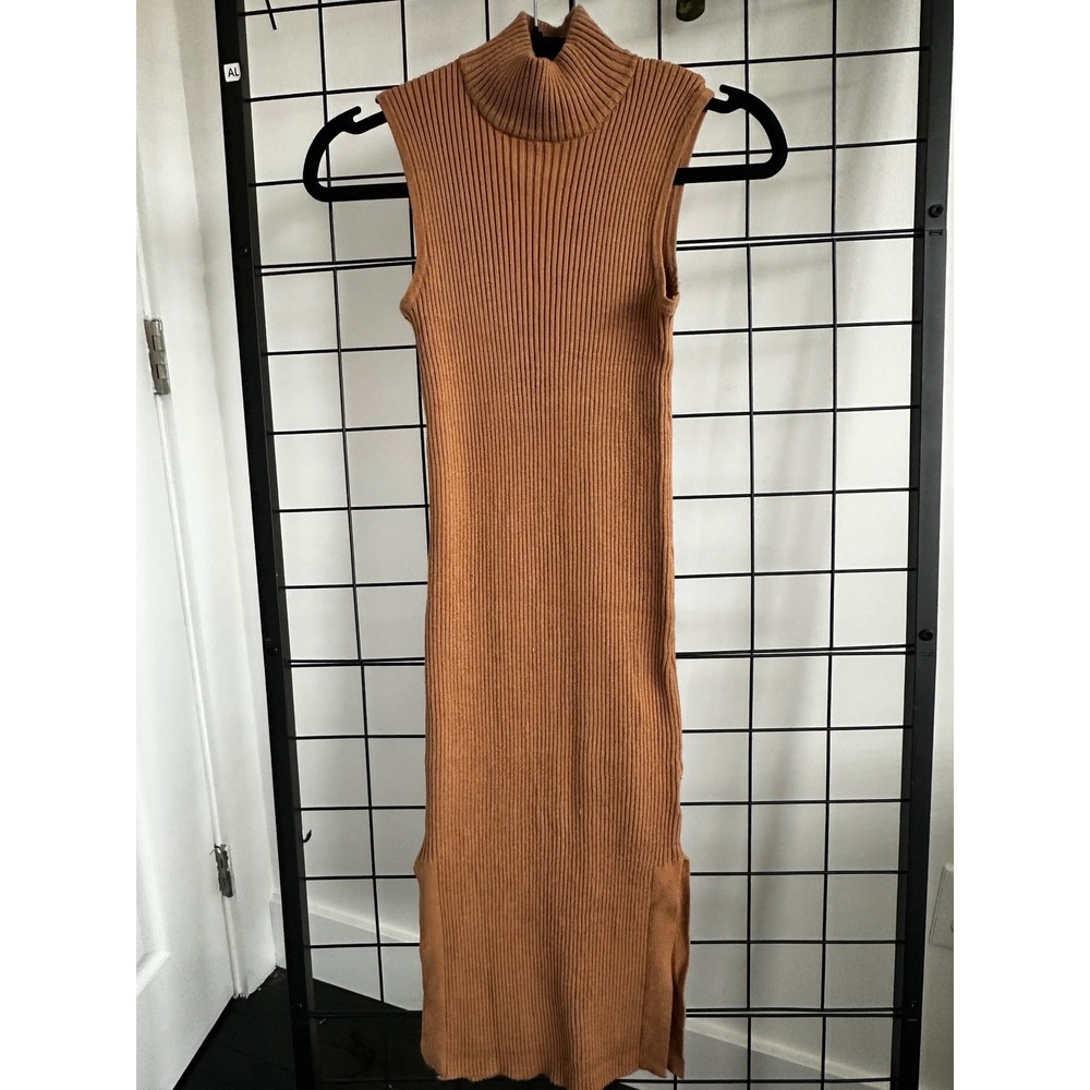Magaschoni Ribbed Turtleneck Sleeveless Midi Dress Camel Brown XS‎